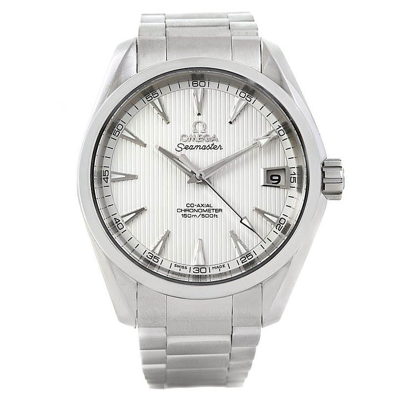 The image shows a front view of the Omega Aqua Terra 231.10.39.21.02.001 Men
s Stainless Steel Silver Dial 231.10.39.21.02.001 Men
s Stainless Steel Silver Dial model watch, highlighting its dial, hands, date window, and bracelet.