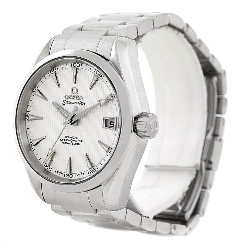 The image shows an Omega Aqua Terra 231.10.39.21.02.001 Men
s Stainless Steel Silver Dial 231.10.39.21.02.001 Men
s Stainless Steel Silver Dial model watch from an oblique angle, displaying the dial, case, crown, and bracelet.