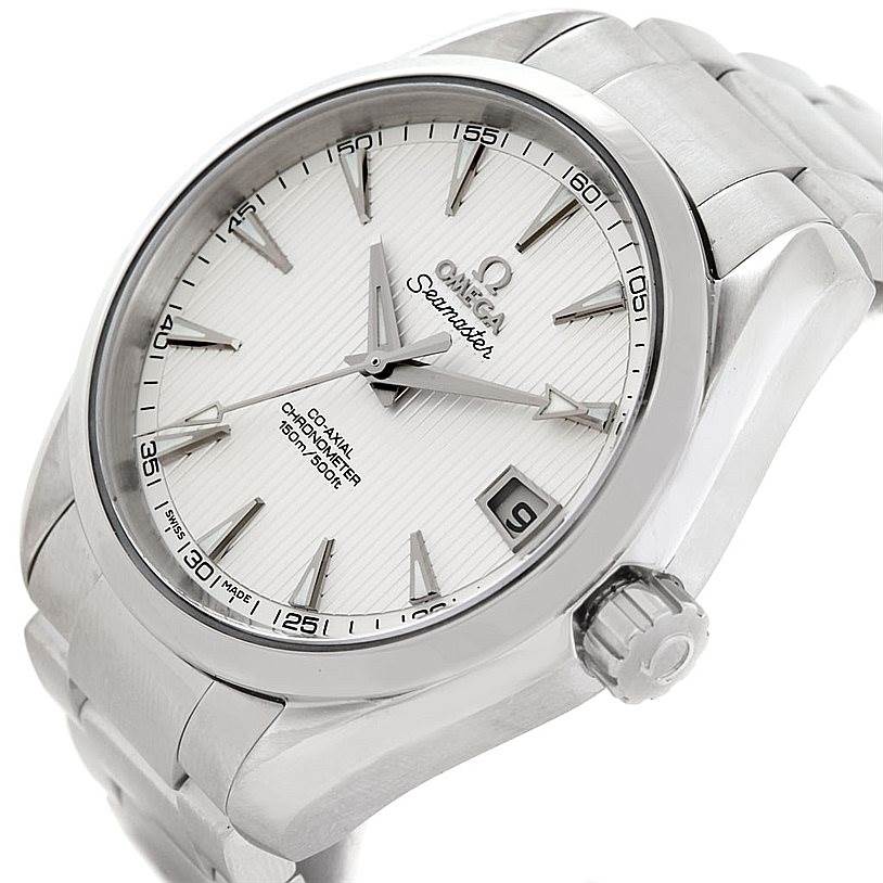 The image shows a front and side view of the Omega Aqua Terra 231.10.39.21.02.001 Men
s Stainless Steel Silver Dial 231.10.39.21.02.001 Men
s Stainless Steel Silver Dial watch, highlighting its dial, hands, crown, and part of the bracelet.