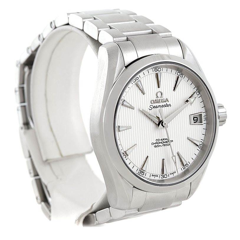 The Omega Aqua Terra 231.10.39.21.02.001 Men
s Stainless Steel Silver Dial 231.10.39.21.02.001 Men
s Stainless Steel Silver Dial watch is shown at a three-quarter angle, highlighting the face, bezel, crown, and a portion of the metal bracelet.