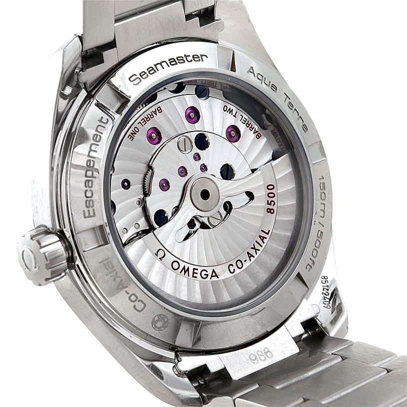 The image shows the back of the Omega Aqua Terra 231.10.39.21.02.001 Men
s Stainless Steel Silver Dial 231.10.39.21.02.001 Men
s Stainless Steel Silver Dial watch, highlighting the Co-Axial 8500 movement.