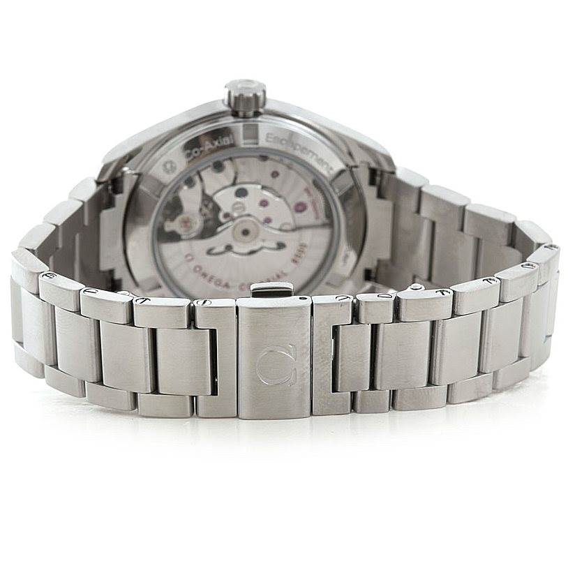 The image shows the back and the bracelet of an Omega Aqua Terra 231.10.39.21.02.001 Men
s Stainless Steel Silver Dial 231.10.39.21.02.001 Men
s Stainless Steel Silver Dial watch, highlighting the case back and clasp.