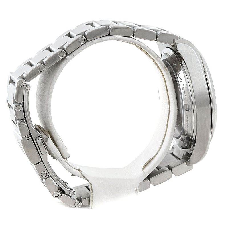 The image shows a side profile view of the Omega Aqua Terra 231.10.39.21.02.001 Men
s Stainless Steel Silver Dial 231.10.39.21.02.001 Men
s Stainless Steel Silver Dial watch, emphasizing the metal bracelet and case back.