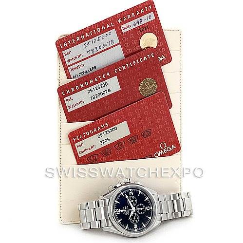 The image shows an Omega Aqua Terra 2512.52.00 Men
s Stainless Steel Black Dial 2512.52.00 Men
s Stainless Steel Black Dial watch with its bracelet and three certification cards: International Warranty, Chronometer Certificate, and Pictograms.