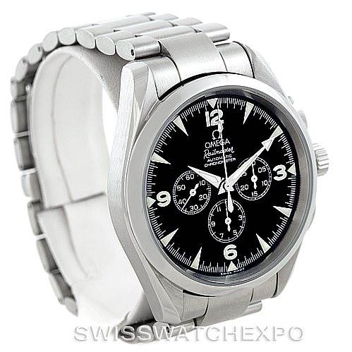 The image shows a side and front angle of the Omega Aqua Terra 2512.52.00 Men
s Stainless Steel Black Dial 2512.52.00 Men
s Stainless Steel Black Dial watch, highlighting its black dial, chronograph sub-dials, and stainless steel bracelet.