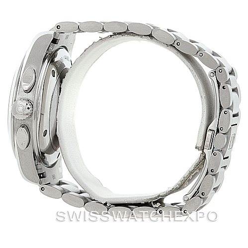 The image shows the side view of the Omega Aqua Terra 2512.52.00 Men
s Stainless Steel Black Dial 2512.52.00 Men
s Stainless Steel Black Dial watch, highlighting the case, crown, pushers, and steel bracelet.