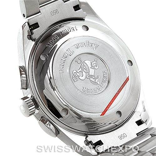 This image shows the case back and part of the bracelet of the Omega Aqua Terra 2512.52.00 Men
s Stainless Steel Black Dial 2512.52.00 Men
s Stainless Steel Black Dial watch, including the engraved "Seamaster" logo.