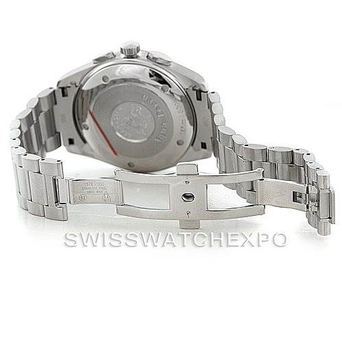 The image shows the back view of an Omega Aqua Terra 2512.52.00 Men
s Stainless Steel Black Dial 2512.52.00 Men
s Stainless Steel Black Dial watch, focusing on the case back and the open metal bracelet with a clasp.