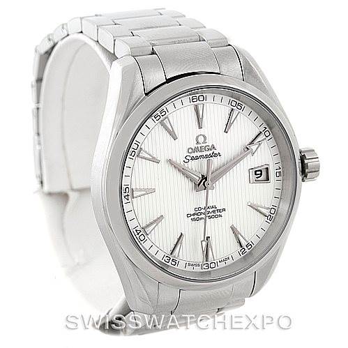 The Omega Aqua Terra 231.10.42.21.02.001 Men
s Stainless Steel Silver Dial 231.10.42.21.02.001 Men
s Stainless Steel Silver Dial watch is shown at a slight angled view featuring its dial, bezel, bracelet, and crown.