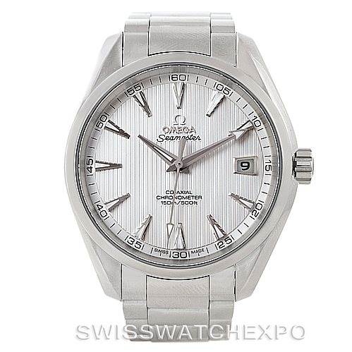 The image shows a front view of the Omega Aqua Terra 231.10.42.21.02.001 Men
s Stainless Steel Silver Dial 231.10.42.21.02.001 Men
s Stainless Steel Silver Dial watch, highlighting its dial, hands, and bracelet.