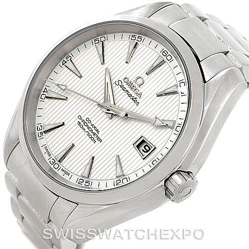 The Omega Aqua Terra 231.10.42.21.02.001 Men
s Stainless Steel Silver Dial 231.10.42.21.02.001 Men
s Stainless Steel Silver Dial watch is shown at an angled view, displaying the face, bezel, and part of the bracelet.