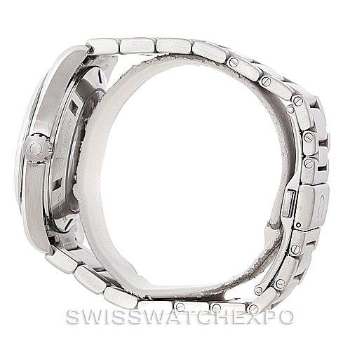 The image shows the Omega Aqua Terra 231.10.42.21.02.001 Men
s Stainless Steel Silver Dial 231.10.42.21.02.001 Men
s Stainless Steel Silver Dial model watch from a side angle, highlighting its case, crown, and metal bracelet.