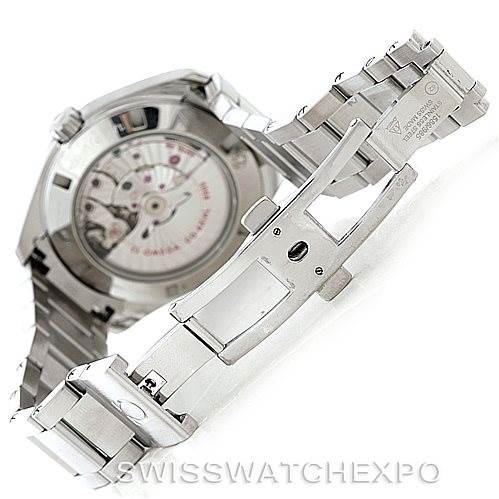 The image shows the underside of the Omega Aqua Terra 231.10.42.21.02.001 Men
s Stainless Steel Silver Dial 231.10.42.21.02.001 Men
s Stainless Steel Silver Dial watch, highlighting its open case back and stainless steel bracelet with clasp.