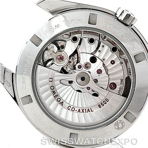 This image shows the back angle of an Omega Aqua Terra 231.10.42.21.02.001 Men
s Stainless Steel Silver Dial 231.10.42.21.02.001 Men
s Stainless Steel Silver Dial watch, revealing its transparent case back and Co-Axial 8500 movement.