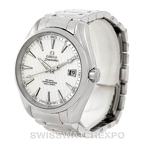 The image shows an Omega Aqua Terra 231.10.42.21.02.001 Men
s Stainless Steel Silver Dial 231.10.42.21.02.001 Men
s Stainless Steel Silver Dial watch from an angled view, highlighting the dial, bezel, and bracelet.