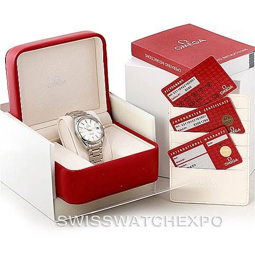 The image shows the Omega Aqua Terra 231.10.42.21.02.001 Men
s Stainless Steel Silver Dial 231.10.42.21.02.001 Men
s Stainless Steel Silver Dial watch in its box, along with warranty and certification cards.