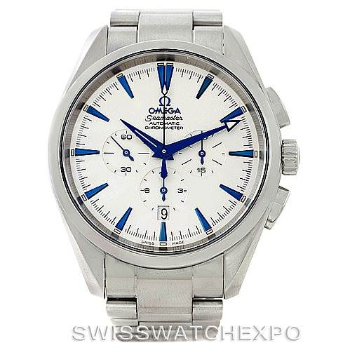 The image shows a front view of the Omega Aqua Terra 2512.30.00 Men
s Stainless Steel Silver Dial 2512.30.00 Men
s Stainless Steel Silver Dial watch, displaying its dial, hands, subdials, and stainless steel bracelet.