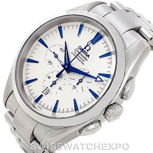 The image shows an angled view of an Omega Aqua Terra 2512.30.00 Men
s Stainless Steel Silver Dial 2512.30.00 Men
s Stainless Steel Silver Dial model watch, displaying the face, crown, and metal bracelet.