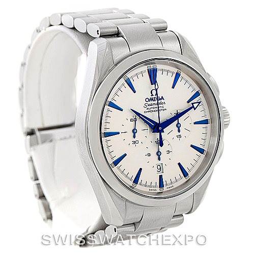 The image shows an Omega Aqua Terra 2512.30.00 Men
s Stainless Steel Silver Dial 2512.30.00 Men
s Stainless Steel Silver Dial model watch from an angled side perspective, revealing the face, bezel, and part of the bracelet.