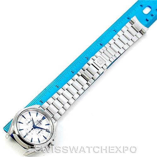 The image shows an Omega Aqua Terra 2512.30.00 Men
s Stainless Steel Silver Dial 2512.30.00 Men
s Stainless Steel Silver Dial watch laid flat with a ruler beside it, highlighting the bracelet length.