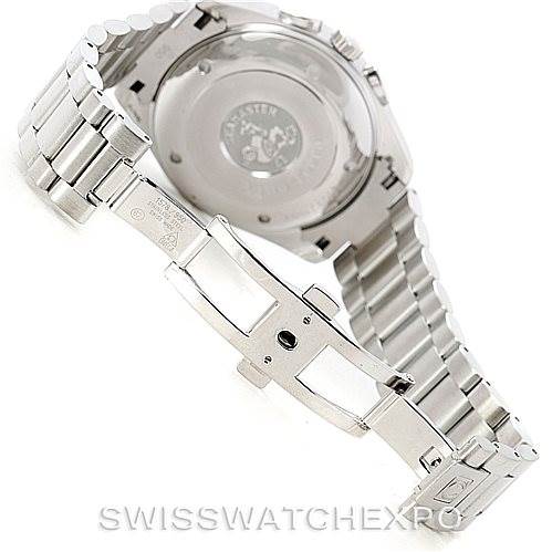 This image shows the back view of an Omega Aqua Terra 2512.30.00 Men
s Stainless Steel Silver Dial 2512.30.00 Men
s Stainless Steel Silver Dial watch, highlighting the open clasp and stainless steel bracelet.