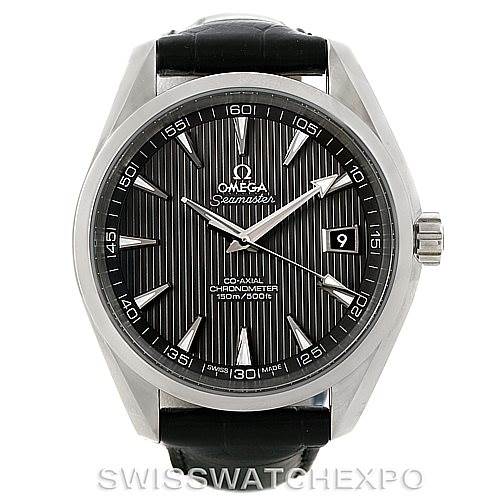 The watch is shown at a frontal angle, displaying the face, bezel, crown, and strap of the Omega Seamaster Aqua Terra model.