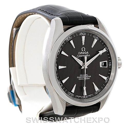 The image shows an angled view of an Omega Aqua Terra 231.13.42.21.06.001 Men
s Stainless Steel Grey Dial 231.13.42.21.06.001 Men
s Stainless Steel Grey Dial model, displaying its case, dial, hands, date window, and leather strap.