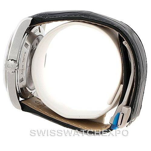 The image shows the side and part of the back of an Omega Aqua Terra 231.13.42.21.06.001 Men
s Stainless Steel Grey Dial 231.13.42.21.06.001 Men
s Stainless Steel Grey Dial watch along with the leather wrist strap.