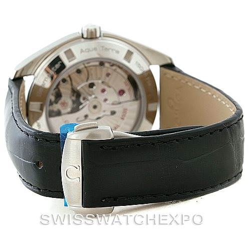 The image shows the back view of an Omega Aqua Terra 231.13.42.21.06.001 Men
s Stainless Steel Grey Dial 231.13.42.21.06.001 Men
s Stainless Steel Grey Dial watch, highlighting the case back and leather strap with a clasp.