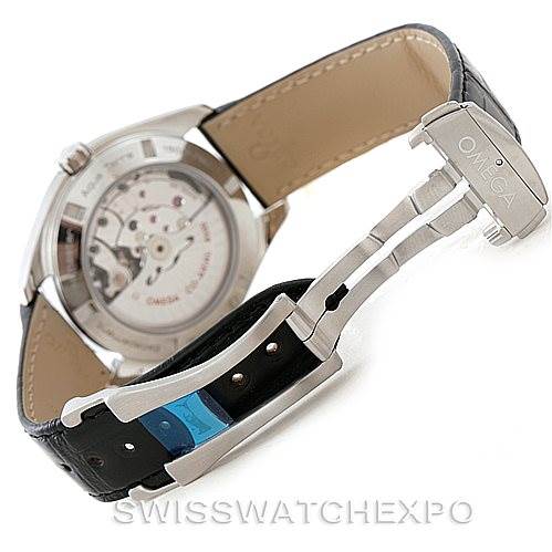 The image shows the back side and clasp of the Omega Aqua Terra 231.13.42.21.06.001 Men
s Stainless Steel Grey Dial 231.13.42.21.06.001 Men
s Stainless Steel Grey Dial watch, highlighting the movement and leather strap.