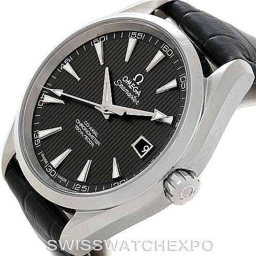 The Omega Aqua Terra 231.13.42.21.06.001 Men
s Stainless Steel Grey Dial 231.13.42.21.06.001 Men
s Stainless Steel Grey Dial watch is shown at an angle displaying the front face, crown, and a portion of the black leather strap.