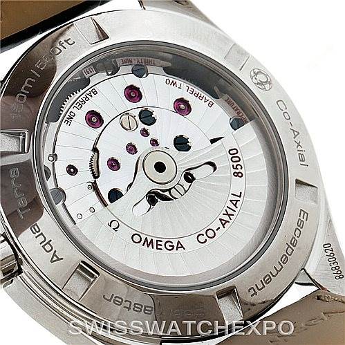 The image shows the back of the Omega Aqua Terra 231.13.42.21.06.001 Men
s Stainless Steel Grey Dial 231.13.42.21.06.001 Men
s Stainless Steel Grey Dial watch, highlighting its Co-Axial 8500 movement through the transparent case back.