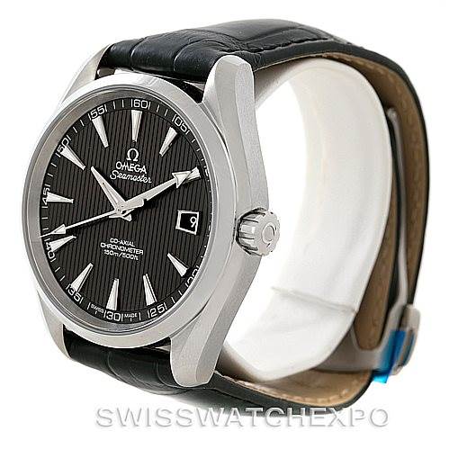 The image shows a side angle of the Omega Aqua Terra 231.13.42.21.06.001 Men
s Stainless Steel Grey Dial 231.13.42.21.06.001 Men
s Stainless Steel Grey Dial watch, highlighting its face, crown, and black leather strap.