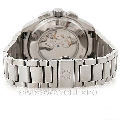 The image shows the back view of the Omega Aqua Terra 231.10.44.52.06.001 Men
s Stainless Steel Grey Dial 231.10.44.52.06.001 Men
s Stainless Steel Grey Dial watch, highlighting the exhibition case back and stainless steel bracelet with clasp.