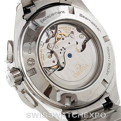 This image shows the back of an Omega Seamaster Aqua Terra watch, highlighting its Co-Axial escapement and visible movement.