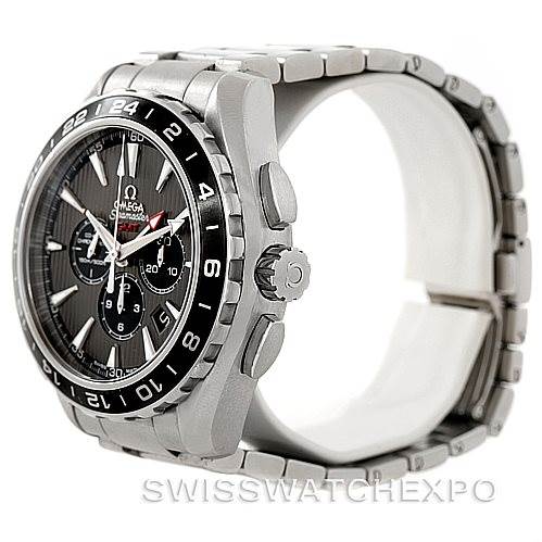 The image shows a side angle of an Omega Aqua Terra 231.10.44.52.06.001 Men
s Stainless Steel Grey Dial 231.10.44.52.06.001 Men
s Stainless Steel Grey Dial watch, highlighting the bezel, crown, and pushers.