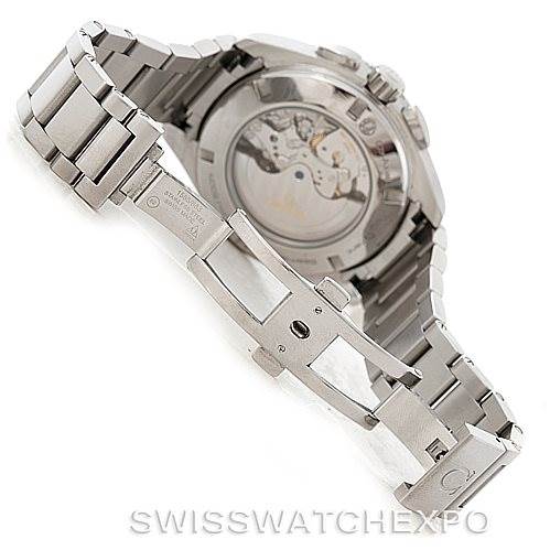 The image shows the back and clasp of an Omega Aqua Terra 231.10.44.52.06.001 Men
s Stainless Steel Grey Dial 231.10.44.52.06.001 Men
s Stainless Steel Grey Dial model watch, highlighting the movement and metal bracelet.