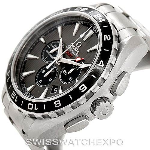 The image shows a side-angle view of an Omega Aqua Terra 231.10.44.52.06.001 Men
s Stainless Steel Grey Dial 231.10.44.52.06.001 Men
s Stainless Steel Grey Dial watch, highlighting the bezel, crown, and chronograph pushers.