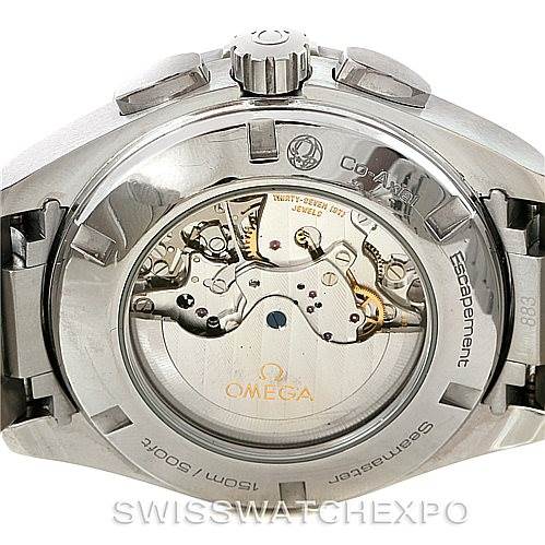 The image shows the back view of an Omega Aqua Terra 231.10.44.52.06.001 Men
s Stainless Steel Grey Dial 231.10.44.52.06.001 Men
s Stainless Steel Grey Dial watch, displaying its Co-Axial escapement and internal mechanism.