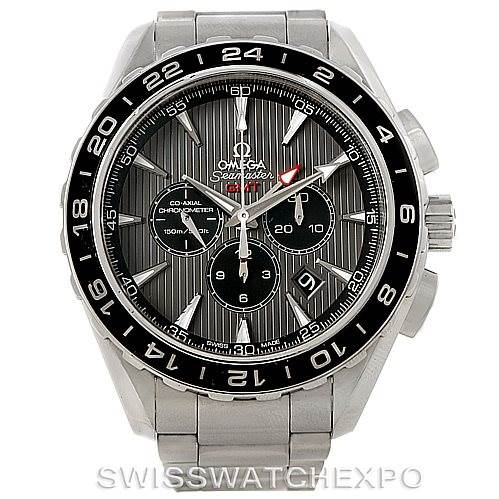 This image shows a front view of the Omega Aqua Terra 231.10.44.52.06.001 Men
s Stainless Steel Grey Dial 231.10.44.52.06.001 Men
s Stainless Steel Grey Dial Seamaster watch, highlighting the dial, bezel, and bracelet.