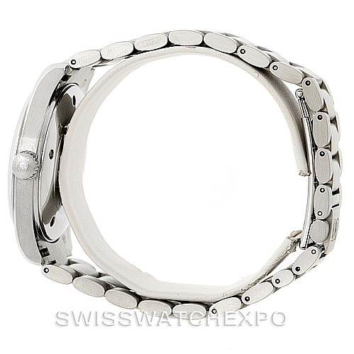 The image shows a side view of the Omega Aqua Terra 2517.80.00 Men
s Stainless Steel Blue Dial 2517.80.00 Men
s Stainless Steel Blue Dial watch, highlighting the case, crown, and metal bracelet.