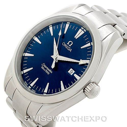 This image shows the Omega Aqua Terra 2517.80.00 Men
s Stainless Steel Blue Dial 2517.80.00 Men
s Stainless Steel Blue Dial watch from an angled view, highlighting the blue dial, hands, crown, and part of the bracelet.