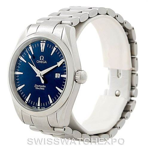 The Omega Aqua Terra 2517.80.00 Men
s Stainless Steel Blue Dial 2517.80.00 Men
s Stainless Steel Blue Dial watch is shown at an angle highlighting the bezel, crown, and bracelet, with a clear view of the blue dial.