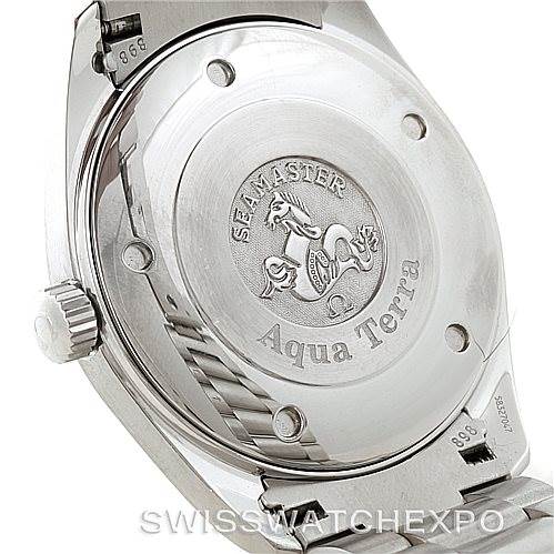 The image shows the back case of an Omega Aqua Terra 2517.80.00 Men
s Stainless Steel Blue Dial 2517.80.00 Men
s Stainless Steel Blue Dial watch, highlighting the Seamaster engraving.