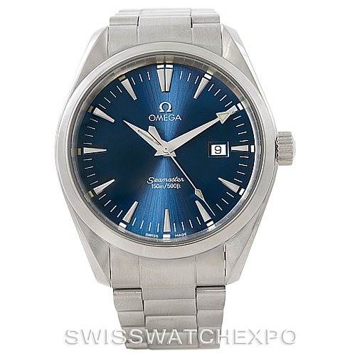 The image shows a front view of the Omega Aqua Terra 2517.80.00 Men
s Stainless Steel Blue Dial 2517.80.00 Men
s Stainless Steel Blue Dial watch, focusing on its blue dial, stainless steel case, and bracelet.