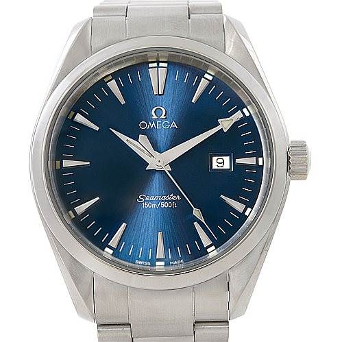 The Omega Aqua Terra 2517.80.00 Men
s Stainless Steel Blue Dial 2517.80.00 Men
s Stainless Steel Blue Dial watch is shown front-facing, displaying its blue dial, hands, date window, and stainless steel bracelet.