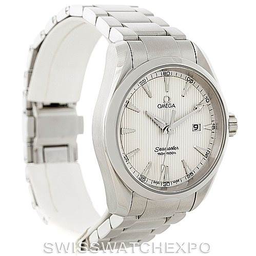 This image shows an Omega Aqua Terra 231.10.39.61.02.001 Men's Stainless Steel Silver Dial 231.10.39.61.02.001 Men's Stainless Steel Silver Dial watch from a front-angled side view, highlighting the face, bezel, bracelet, and clasp.