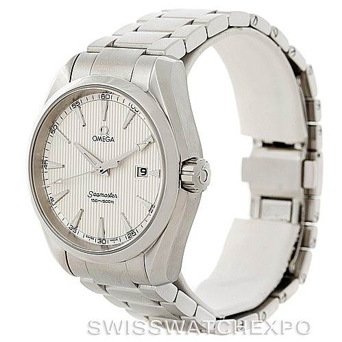 This image shows the Omega Aqua Terra 231.10.39.61.02.001 Men's Stainless Steel Silver Dial 231.10.39.61.02.001 Men's Stainless Steel Silver Dial watch at a side angle, highlighting its face, crown, and stainless steel bracelet.