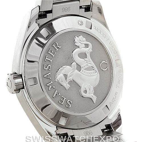 This image shows the back case and partial bracelet of the Omega Aqua Terra 231.10.39.61.02.001 Men's Stainless Steel Silver Dial 231.10.39.61.02.001 Men's Stainless Steel Silver Dial watch, highlighting the "Seamaster" engraving and emblem.