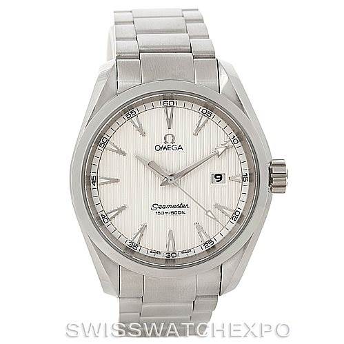 This image shows the front view of the Omega Aqua Terra 231.10.39.61.02.001 Men's Stainless Steel Silver Dial 231.10.39.61.02.001 Men's Stainless Steel Silver Dial watch, displaying the dial, hands, date window, and part of the bracelet.